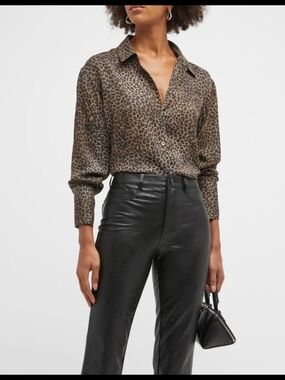 Frame Denim Silk Leopard Print Button-Down Shirt in Brown and Black